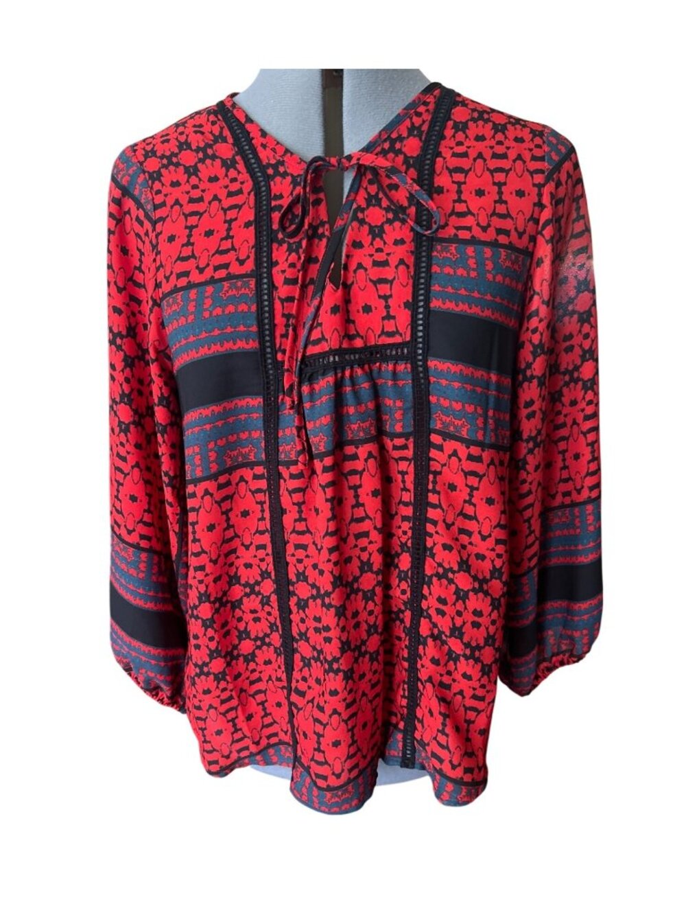 Collective Concepts Red & Black Boho Tunic Top With Tie Neck 3/4 Sleeves Size L